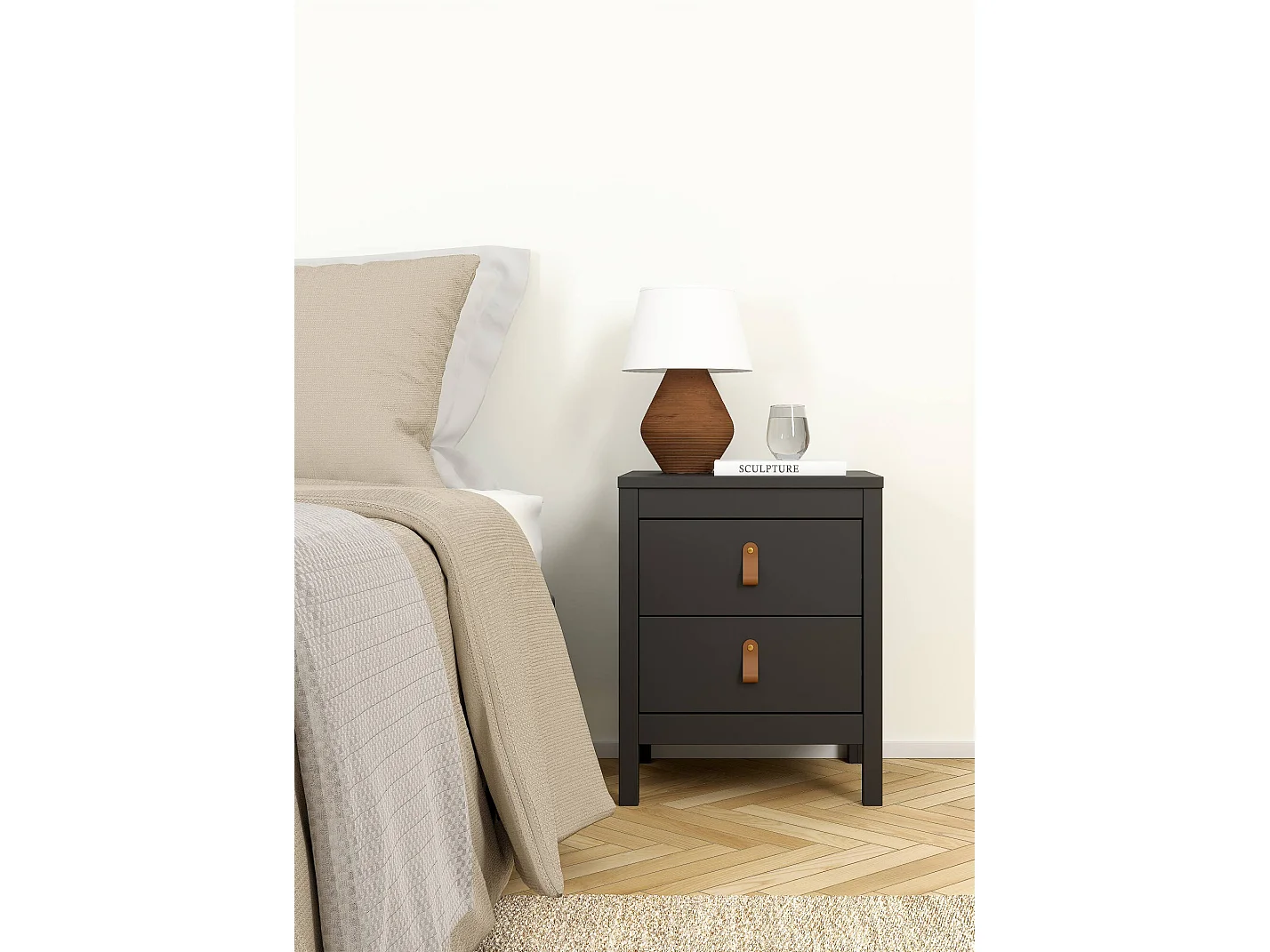 Drull nachtkastje, Lage ladekast, Nachtkastje, Bedplank, 44x38 h54 cm, Zwart