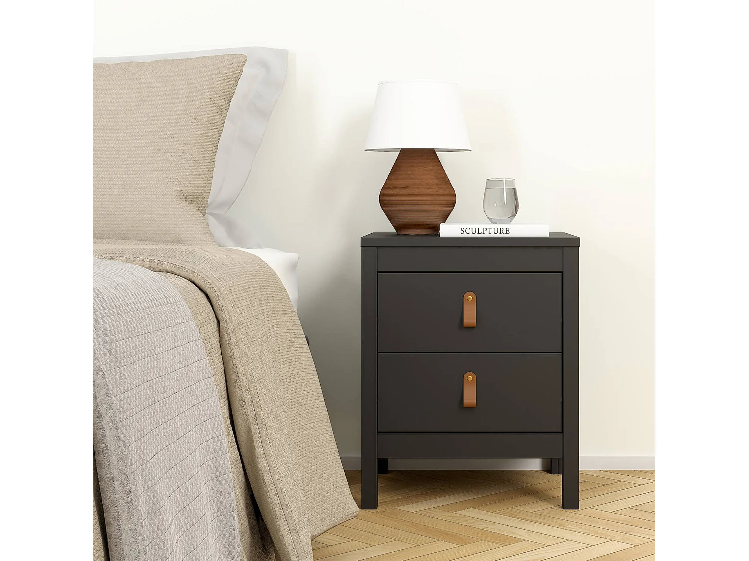 Mesa de noche Drull, Cómoda baja, Mesilla de noche, Estante de la cama, 44x38 h54 cm, Negro