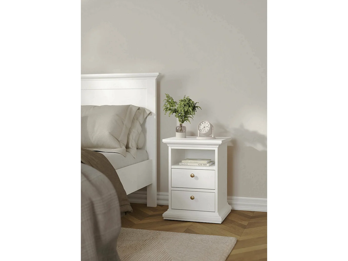 Chevet Drossin, Commode basse, Table de nuit, Étagère de chevet, 44x40 h59 cm, Blanc