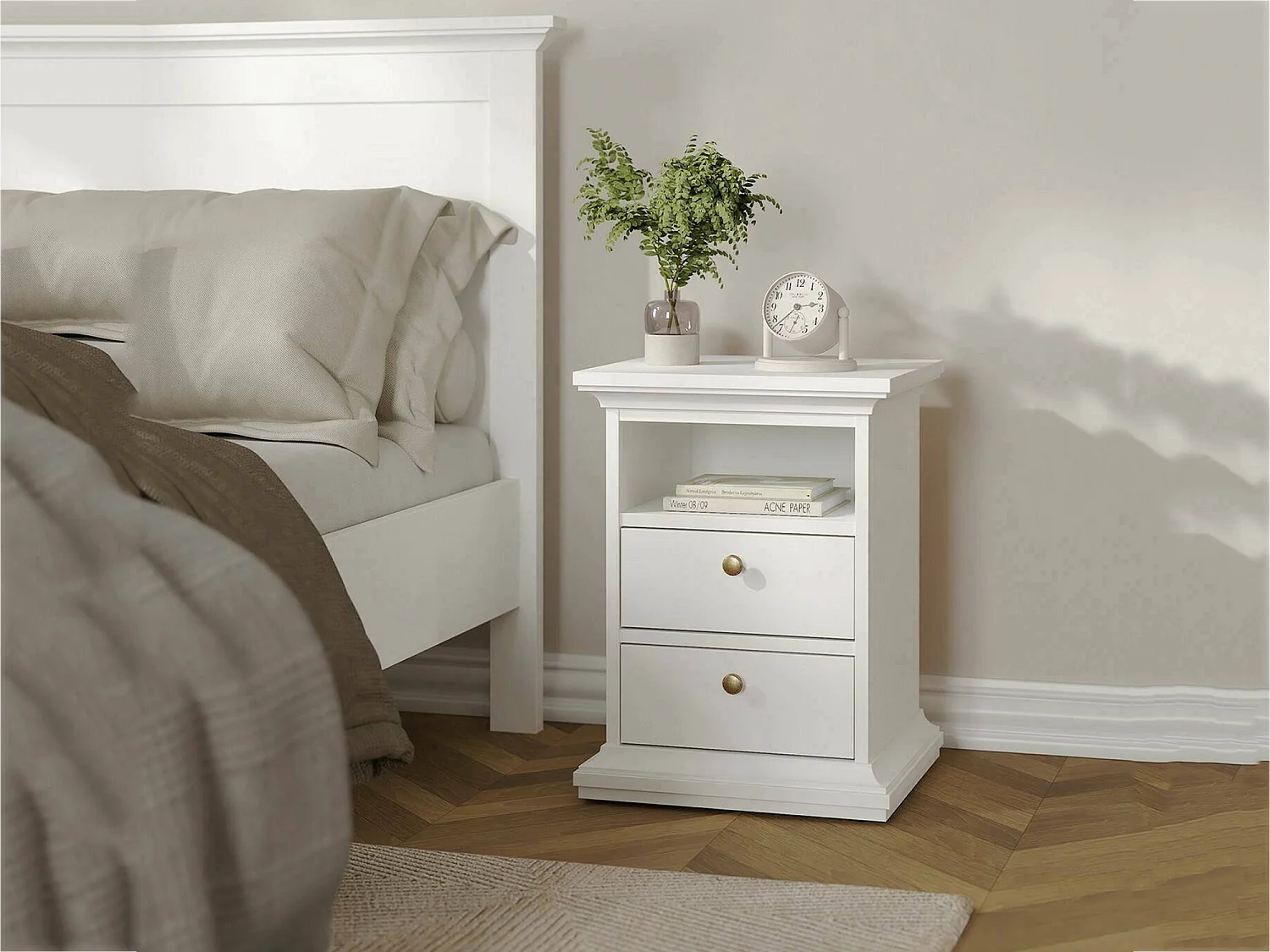 Chevet Drossin, Commode basse, Table de nuit, Étagère de chevet, 44x40 h59 cm, Blanc