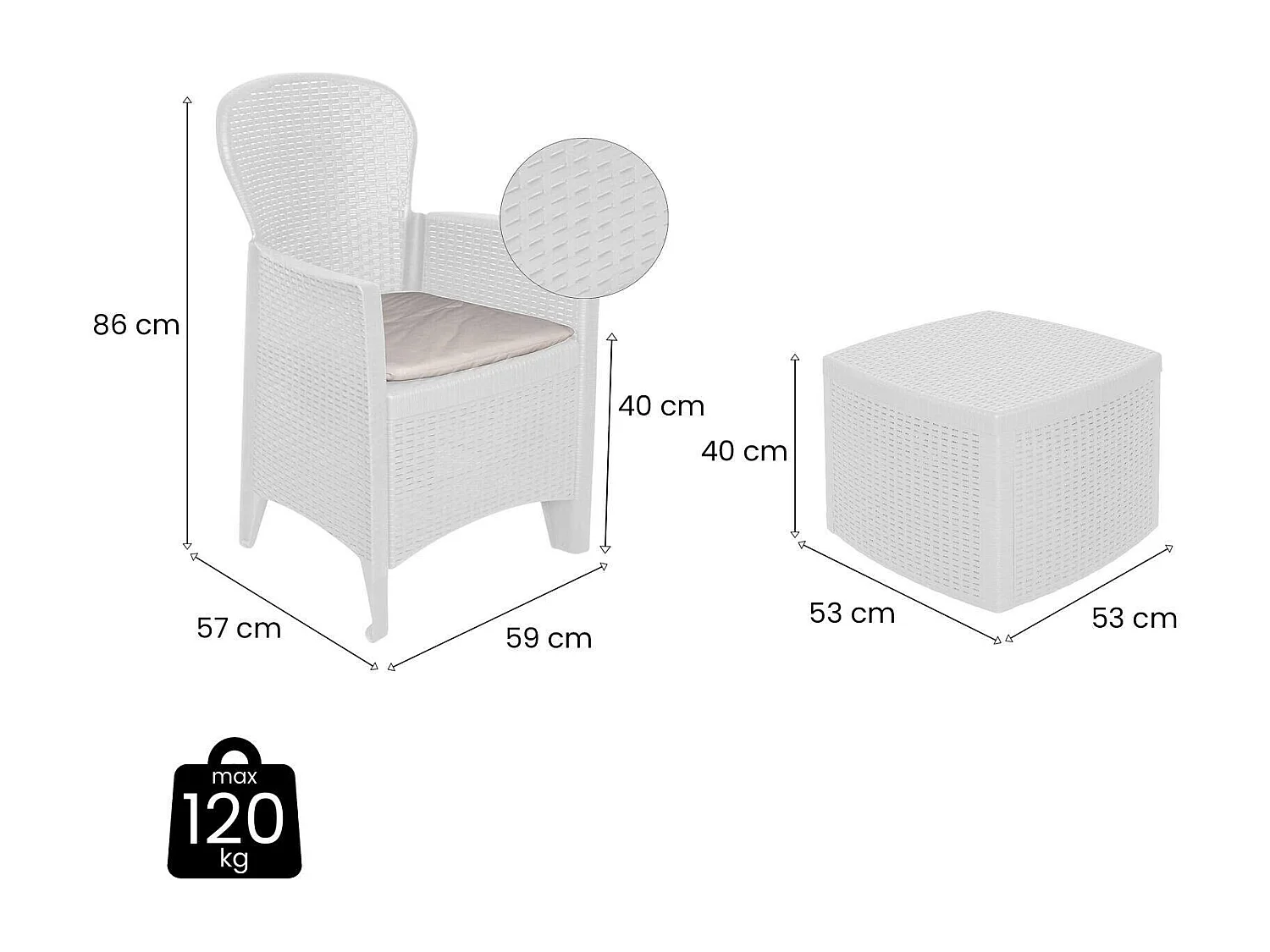 Set salon dÂ'extérieur Napoli, Salon de jardin composé de 2 fauteuils et 1 table conteneur, Salon effet rotin, 100% Made in Italy, Blanc