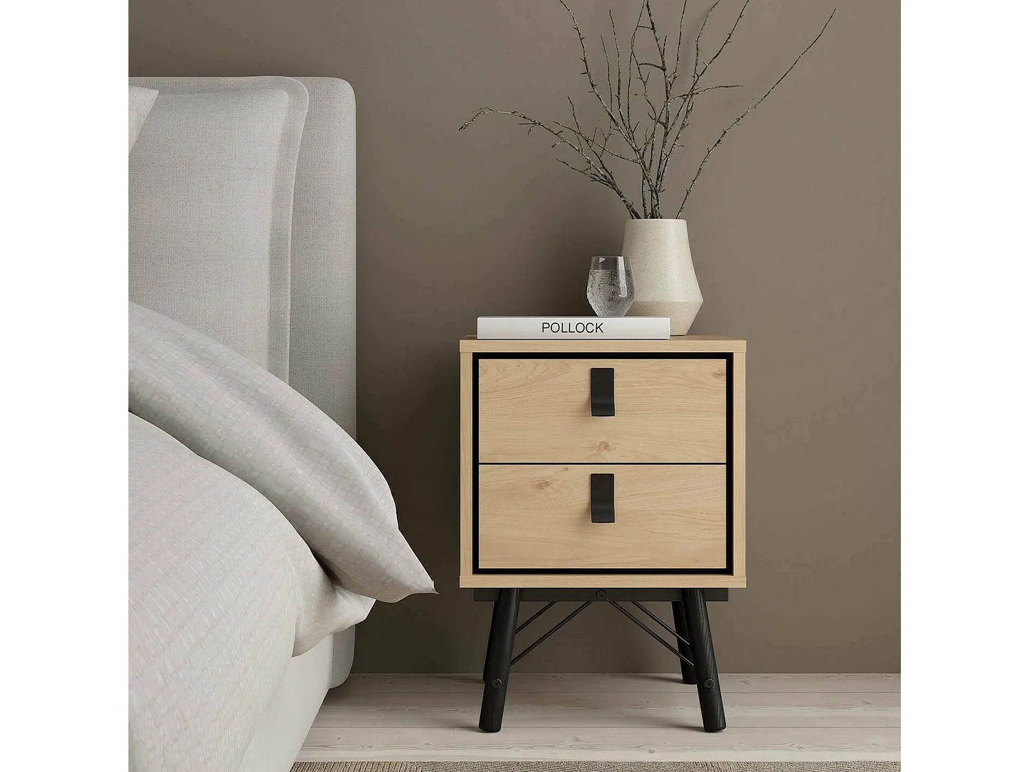 Chevet Drovell, Commode basse, Table de nuit, Étagère de chevet, 43x40 h60 cm, Chêne clair