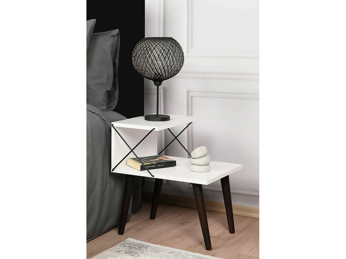 Chevet Astraea, Commode basse, Table de nuit, Étagère de chevet, 50x40h55 cm, Blanc