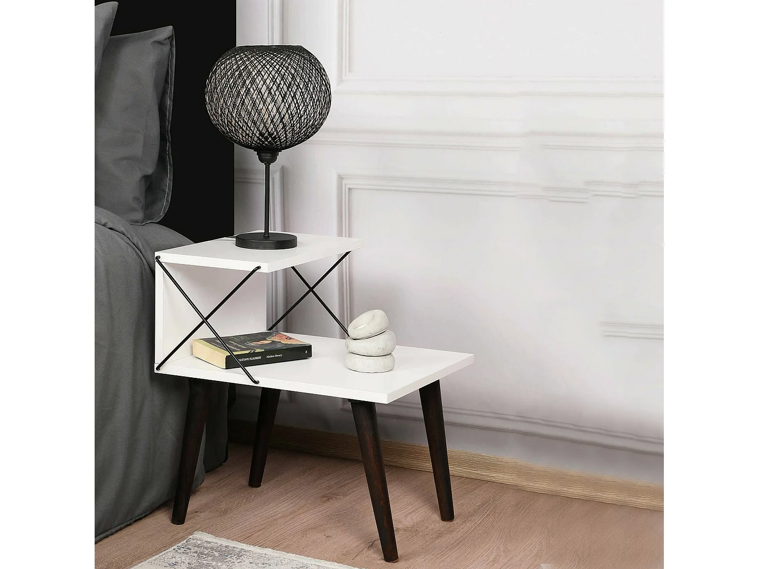 Chevet Astraea, Commode basse, Table de nuit, Étagère de chevet, 50x40h55 cm, Blanc