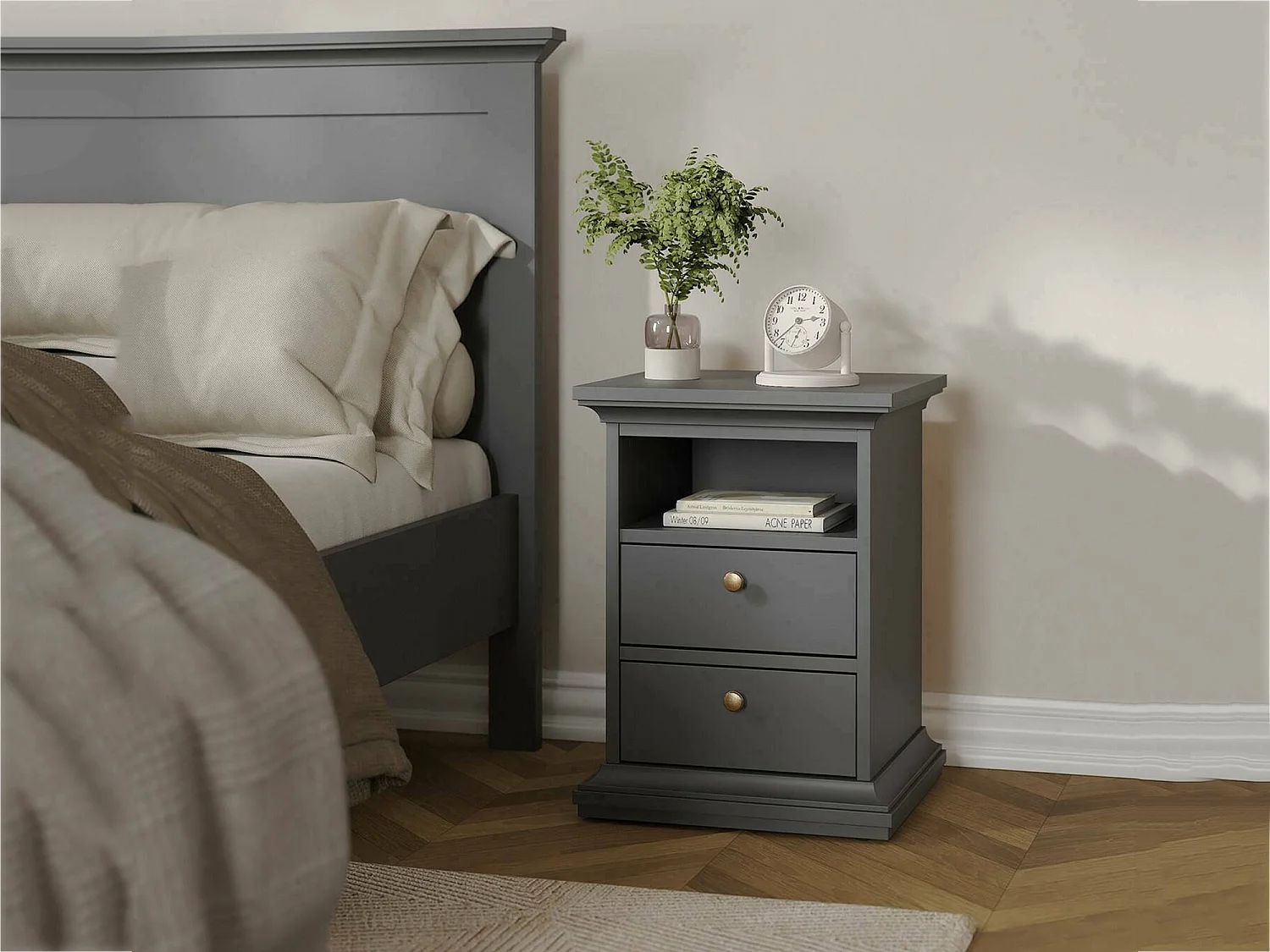 Chevet Drossin, Commode basse, Table de nuit, Étagère de chevet, 44x40 h59 cm, Gris