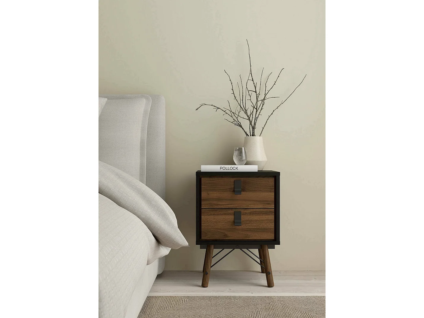 Chevet Drovell, Commode basse, Table de nuit, Étagère de chevet, 43x40 h60 cm, Noir et Noyer