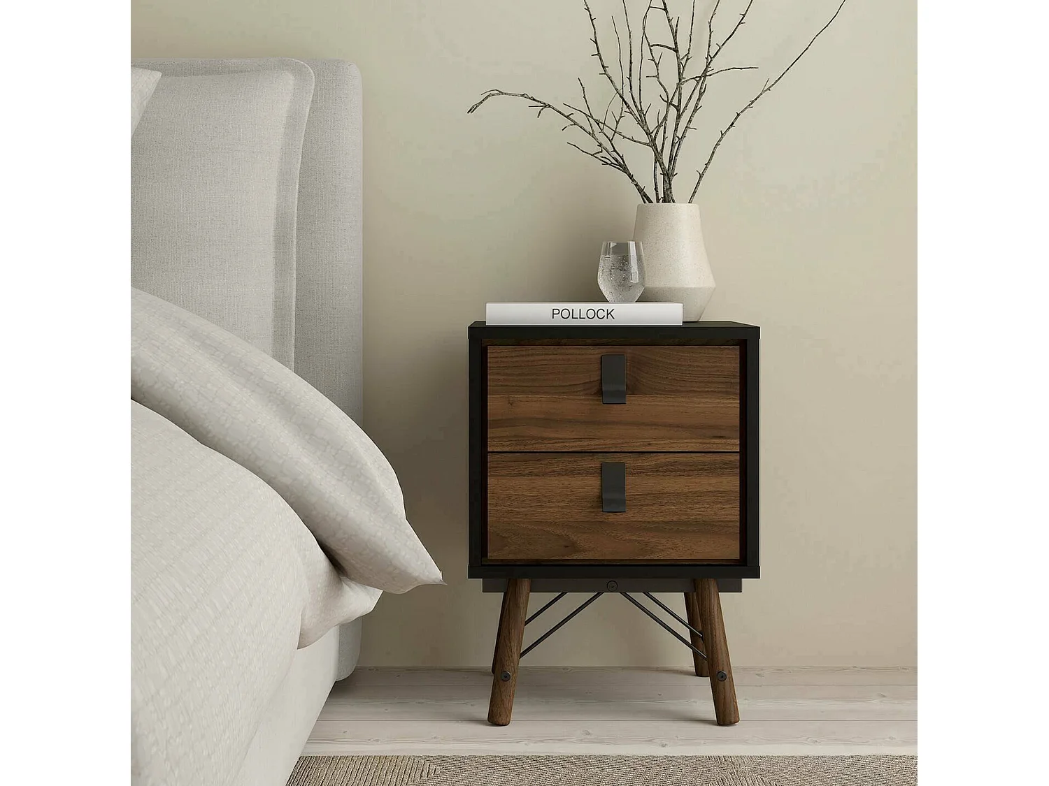 Chevet Drovell, Commode basse, Table de nuit, Étagère de chevet, 43x40 h60 cm, Noir et Noyer