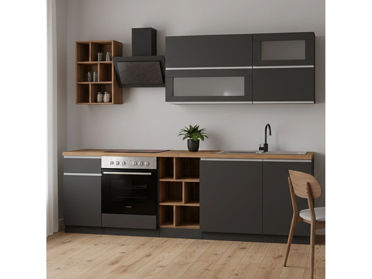Cuisine complète Dcastill, Ensemble avec garde-manger, Meuble de kitchenette, Kit bloc linéaire, 100% Made in Italy, 255x60h85 cm, Anthracite et Chêne