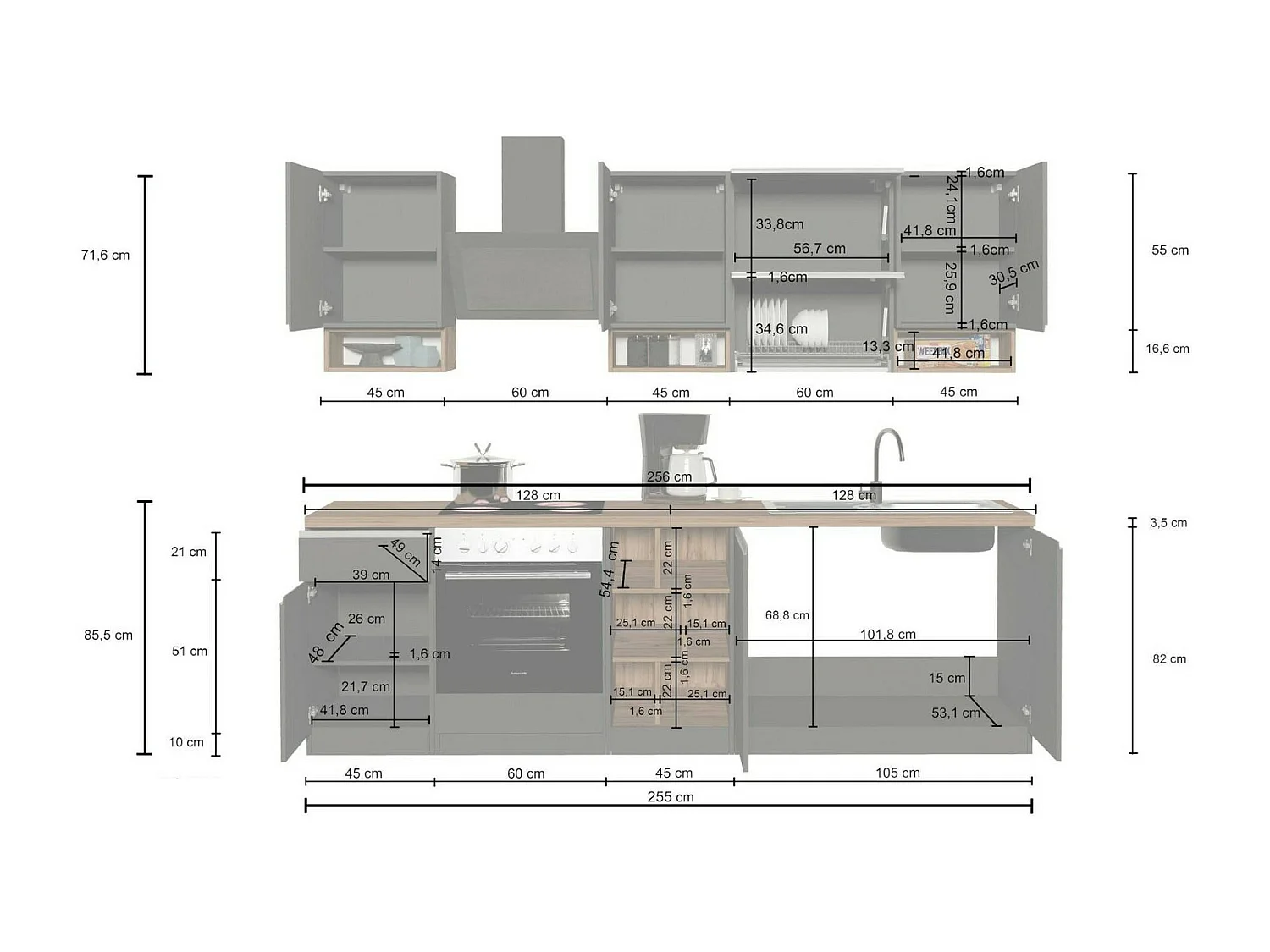Dceccaron complete keuken, Set met bijkeuken, Keukenkast, Lineaire blokkit, 100% Made in Italy, 255x60h85 cm, Glanzend wit en leisteen
