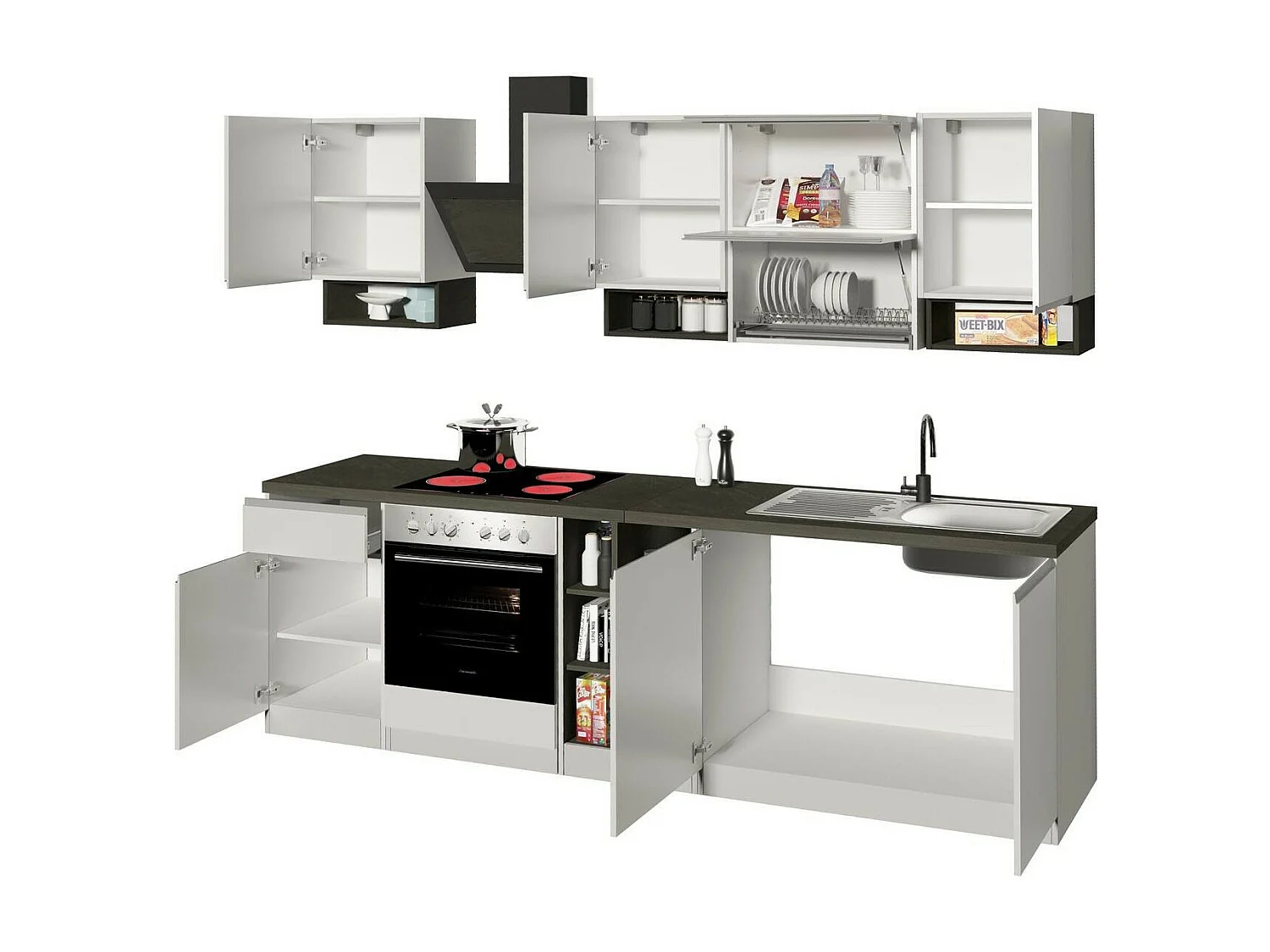 Dceccaron complete keuken, Set met bijkeuken, Keukenkast, Lineaire blokkit, 100% Made in Italy, 255x60h85 cm, Glanzend wit en leisteen