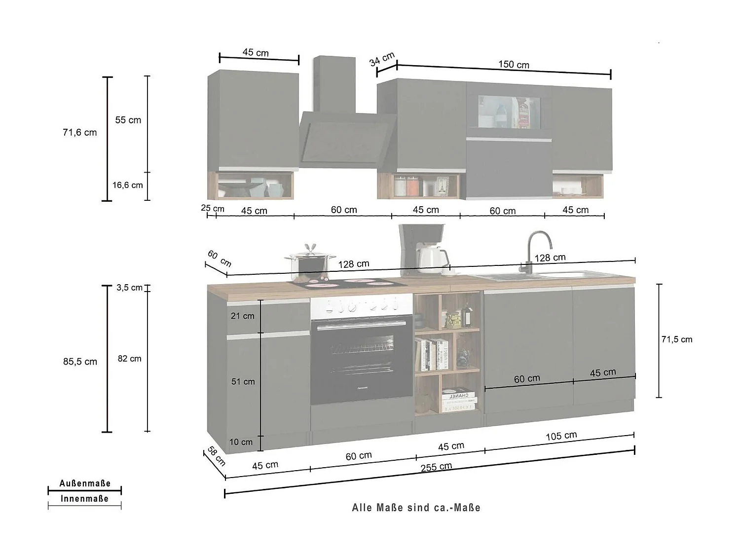 Cuisine complète Dceccaron, Ensemble avec garde-manger, Meuble de kitchenette, Kit bloc linéaire, 100% Made in Italy, 255x60h85 cm, Blanc brillant et ardoise