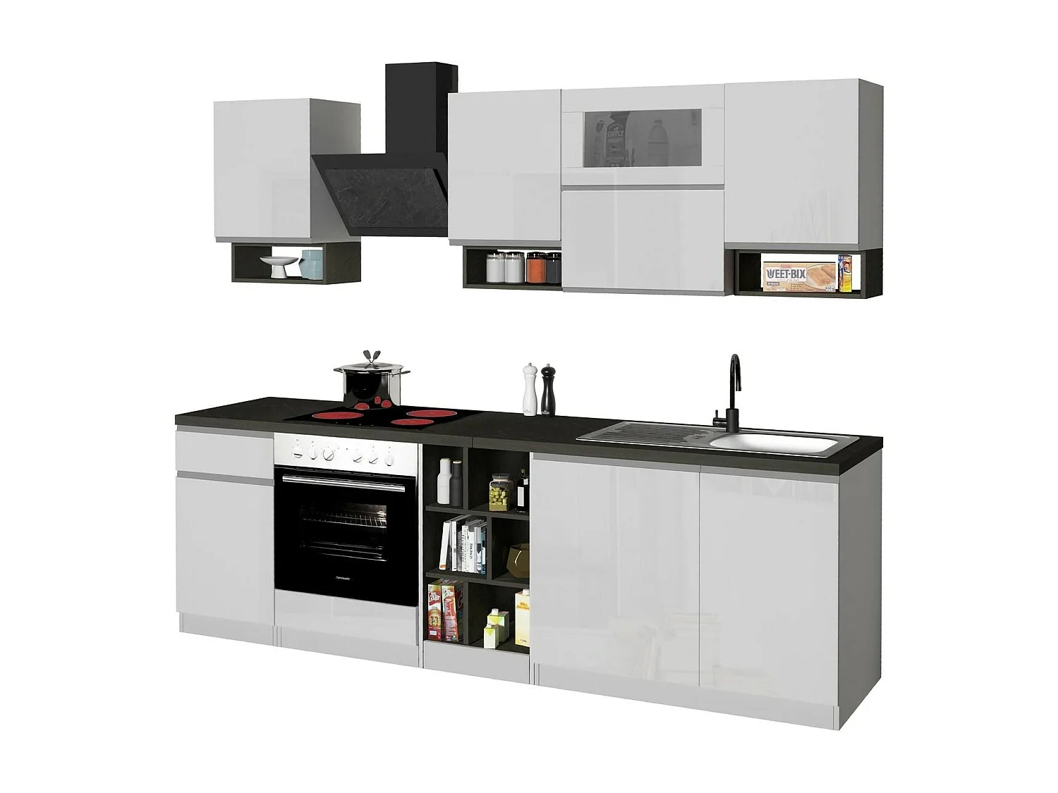 Cuisine Attiko, 19 étagères fabriquées en Italie, blanc brillant, kitchenette, modulable, un tiroir