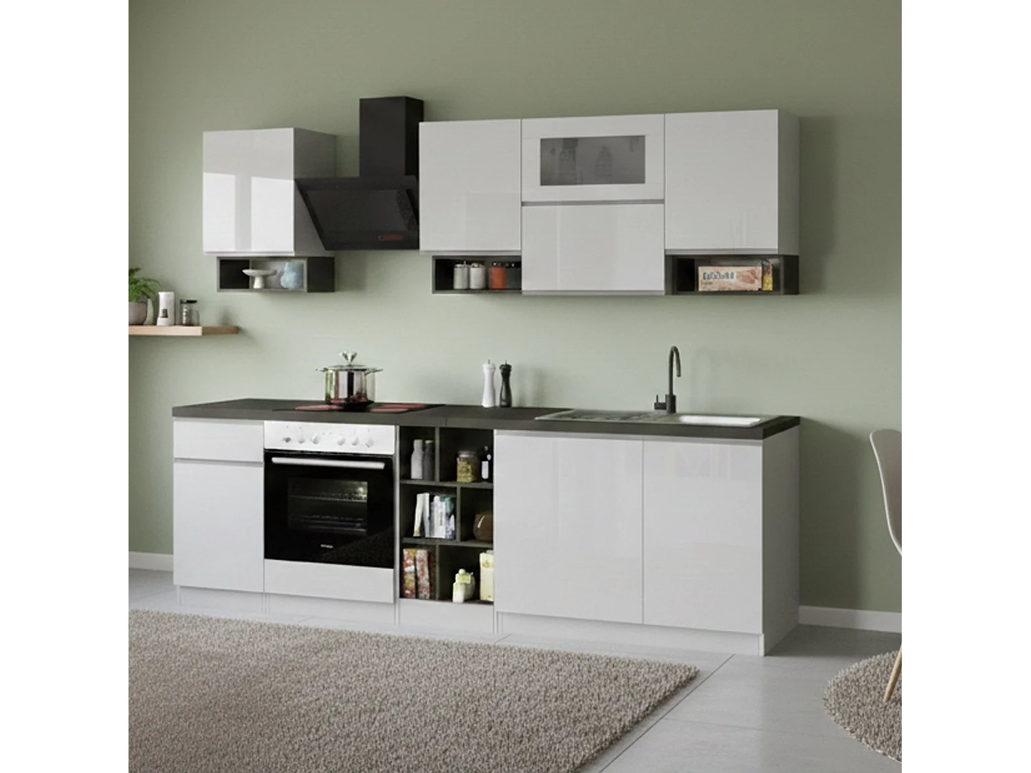 Cuisine Attiko, 19 étagères fabriquées en Italie, blanc brillant, kitchenette, modulable, un tiroir