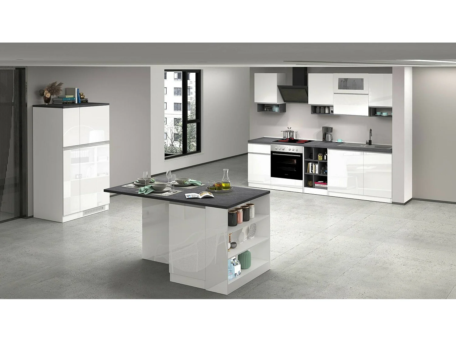 Cuisine Attiko, 19 étagères fabriquées en Italie, blanc brillant, kitchenette, modulable, un tiroir