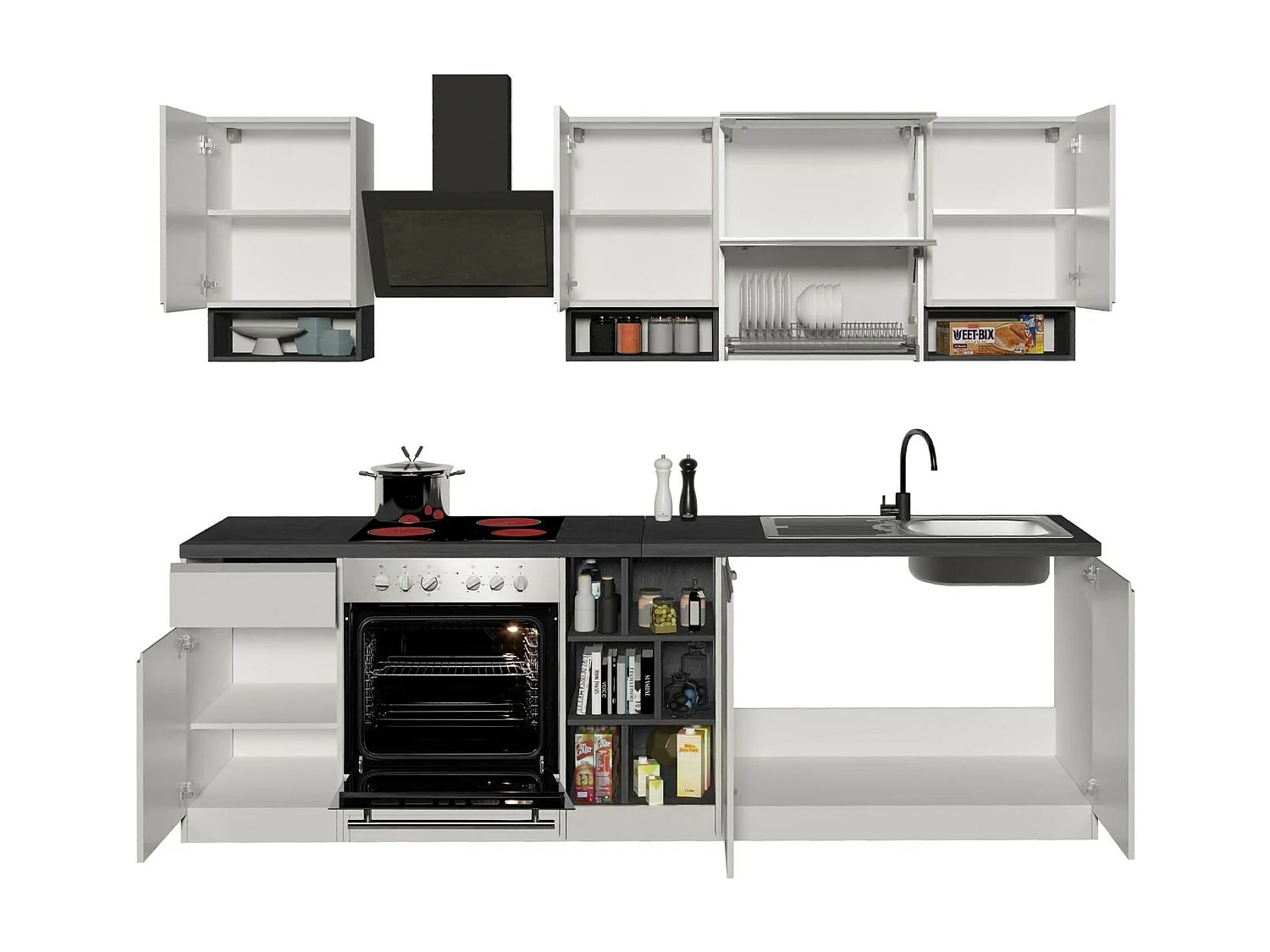 Cuisine Attiko, 19 étagères fabriquées en Italie, blanc brillant, kitchenette, modulable, un tiroir