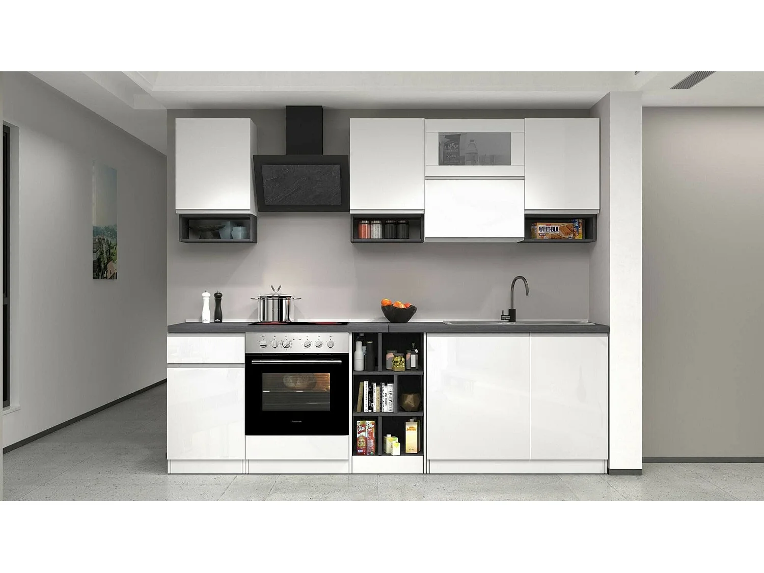 Cuisine Attiko, 19 étagères fabriquées en Italie, blanc brillant, kitchenette, modulable, un tiroir, Électroménagers non inclus