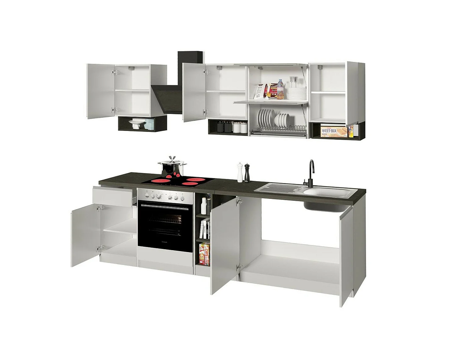 Cuisine Attiko, 19 étagères fabriquées en Italie, blanc brillant, kitchenette, modulable, un tiroir, Électroménagers non inclus