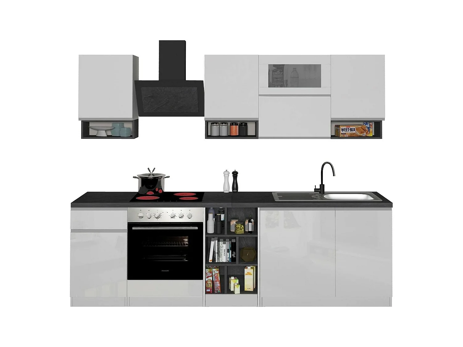 Cuisine Attiko, 19 étagères fabriquées en Italie, blanc brillant, kitchenette, modulable, un tiroir, Électroménagers non inclus