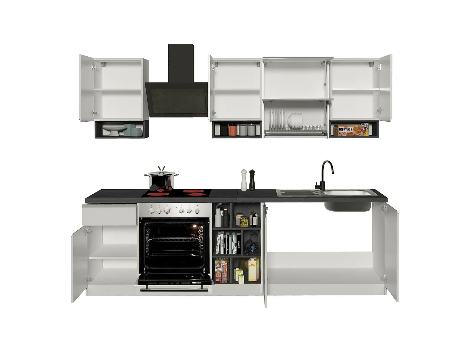 Cuisine Attiko, 19 étagères fabriquées en Italie, blanc brillant, kitchenette, modulable, un tiroir, Électroménagers non inclus