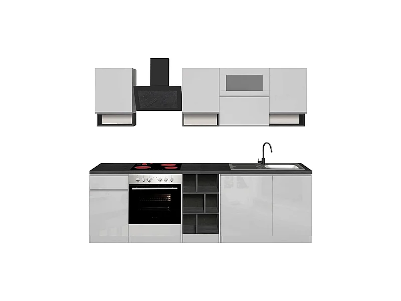 Dceccaron complete keuken, Set met bijkeuken, Keukenkast, Lineaire blokkit, 100% Made in Italy, 255x60h85 cm, Glanzend wit en leisteen