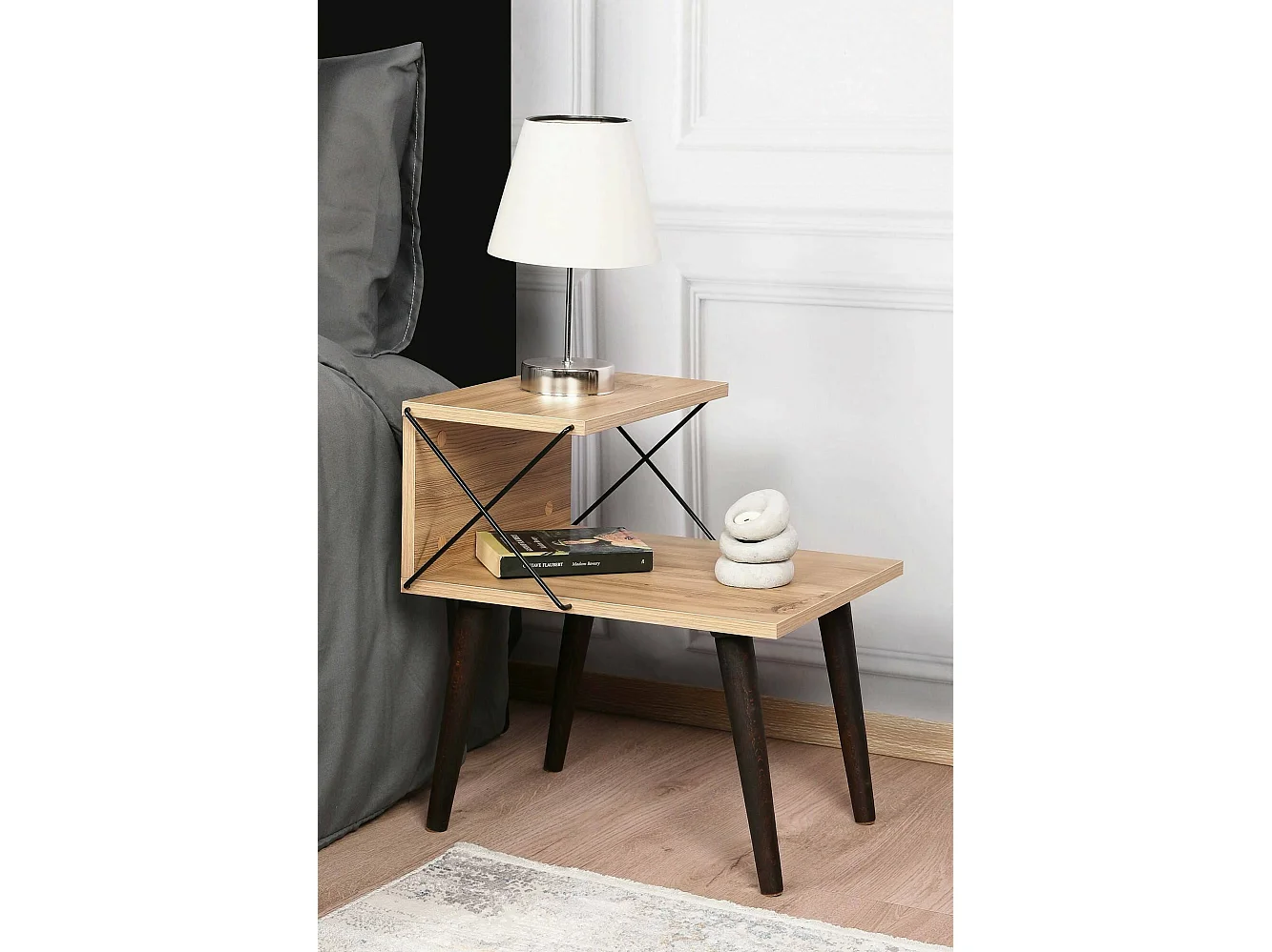 Chevet Astraea, Commode basse, Table de nuit, Étagère de chevet, 50x40h55 cm, Chêne