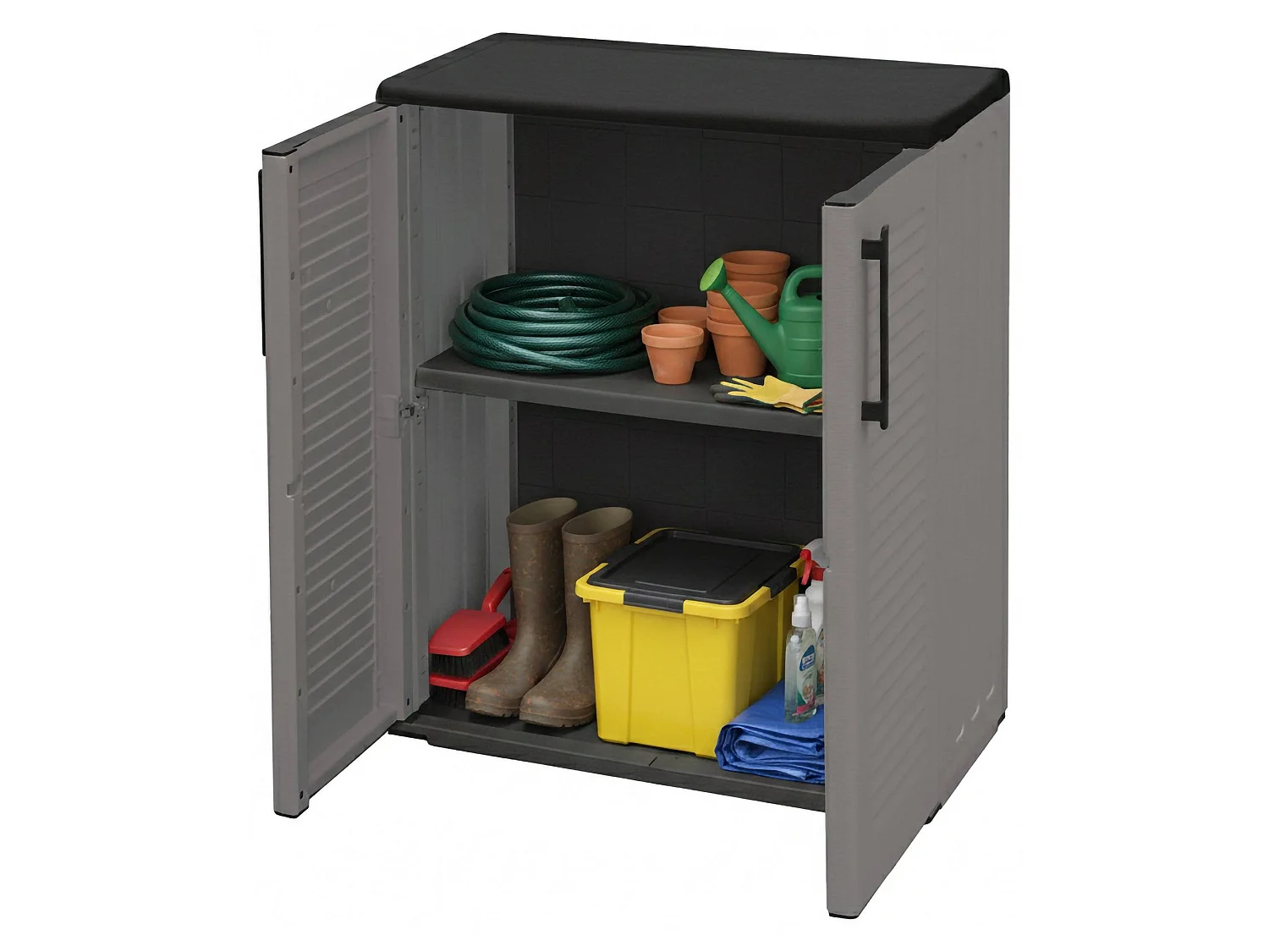 Armoire d'extérieur Mol, Armoire de balcon polyvalente, Armoire d'extérieur avec 2 portes, 100% Made in Italy, 68x37h84 cm, Finition rayée, Gris et Noir