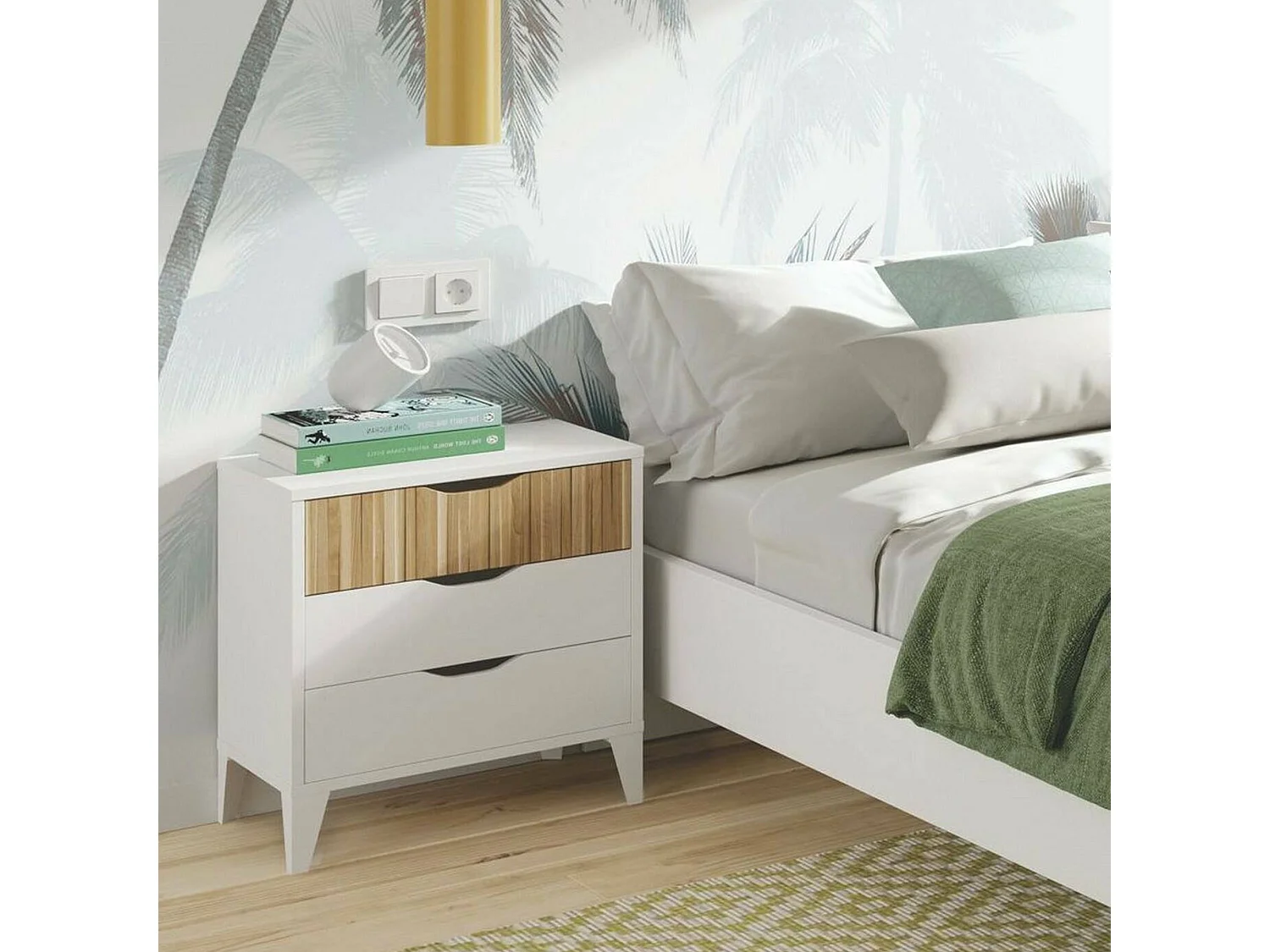 Chevet Dzoe, Commode basse, Table de nuit, Étagère de chevet, 44x33 h50 cm, Blanc et Chêne clair