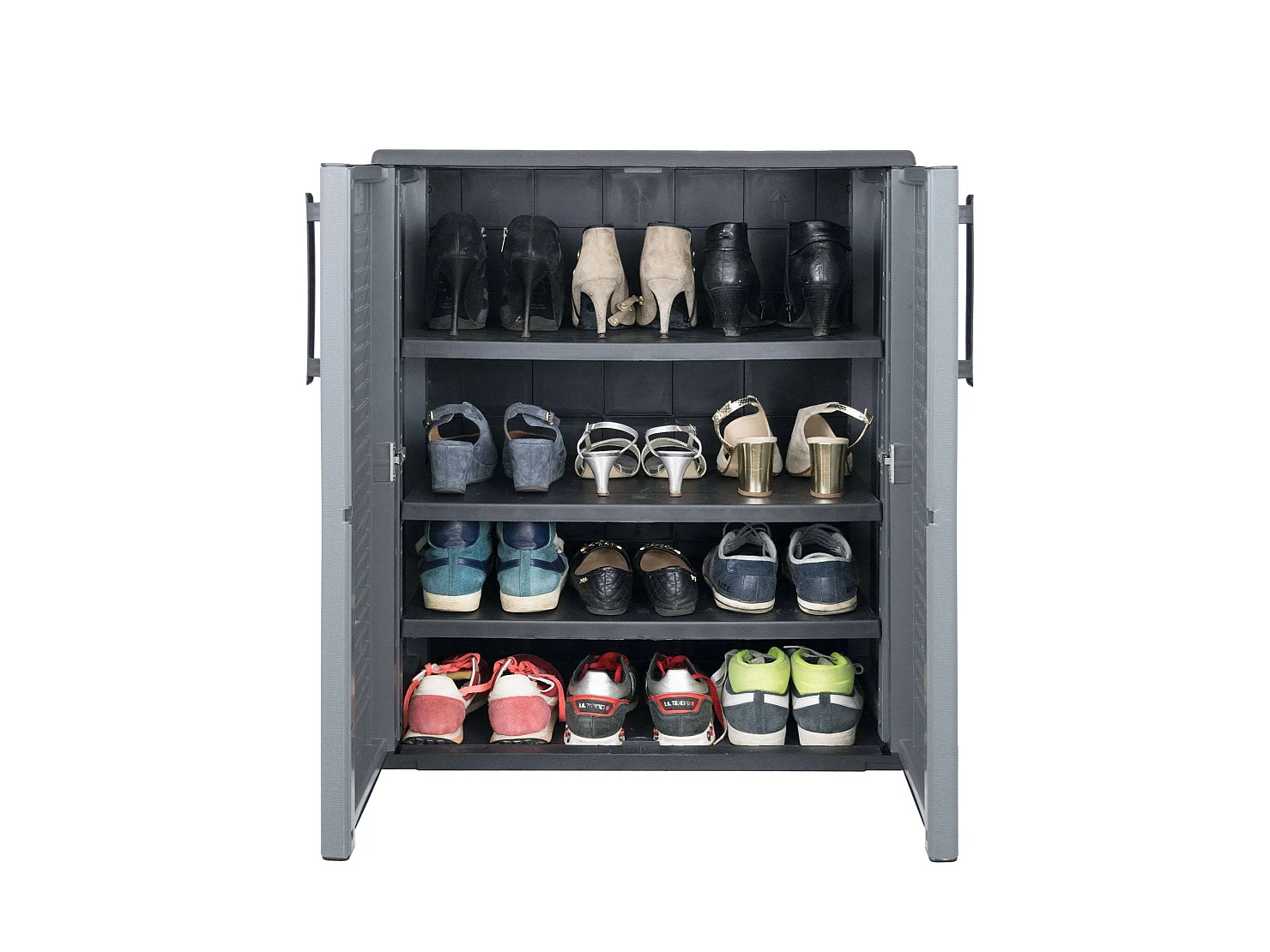 Armoire d'extérieur Bilzen, Mobilier d'extérieur, Armoire de balcon polyvalente, 100% Made in Italy, Gris et Noir, Finition rayée, 68x37h84 cm