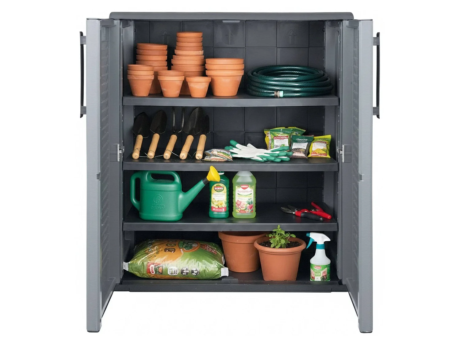 Armoire d'extérieur Bilzen, Mobilier d'extérieur, Armoire de balcon polyvalente, 100% Made in Italy, Gris et Noir, Finition rayée, 68x37h84 cm