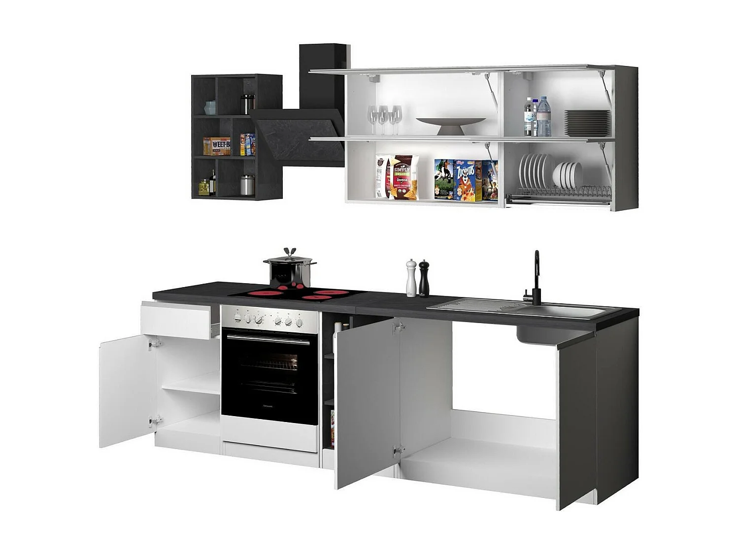 Dcastill complete keuken, Set met bijkeuken, Keukenkast, Lineaire blokkit, 100% Made in Italy, 255x60h85 cm, Glanzend wit en leisteen