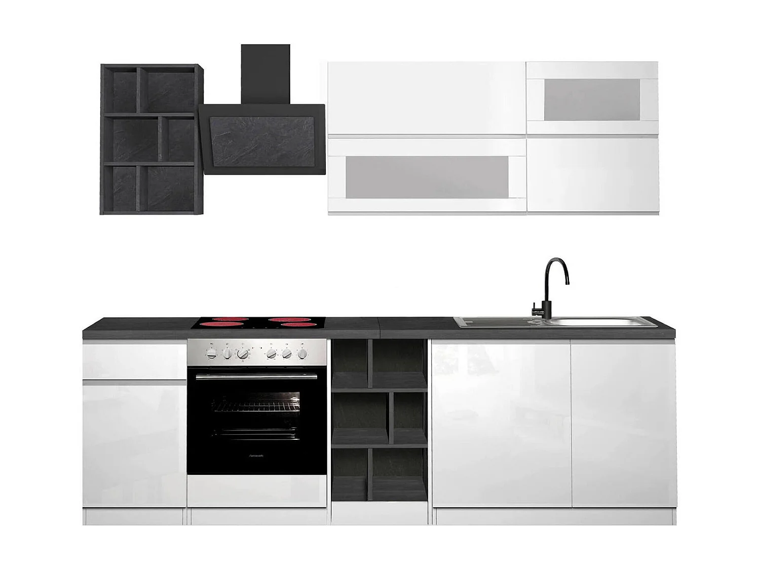Cocina completa Dcastill, Set con despensa, Mueble cocina, Kit bloque lineal, 100% Made in Italy, 255x60h85 cm, Blanco brillo y pizarra