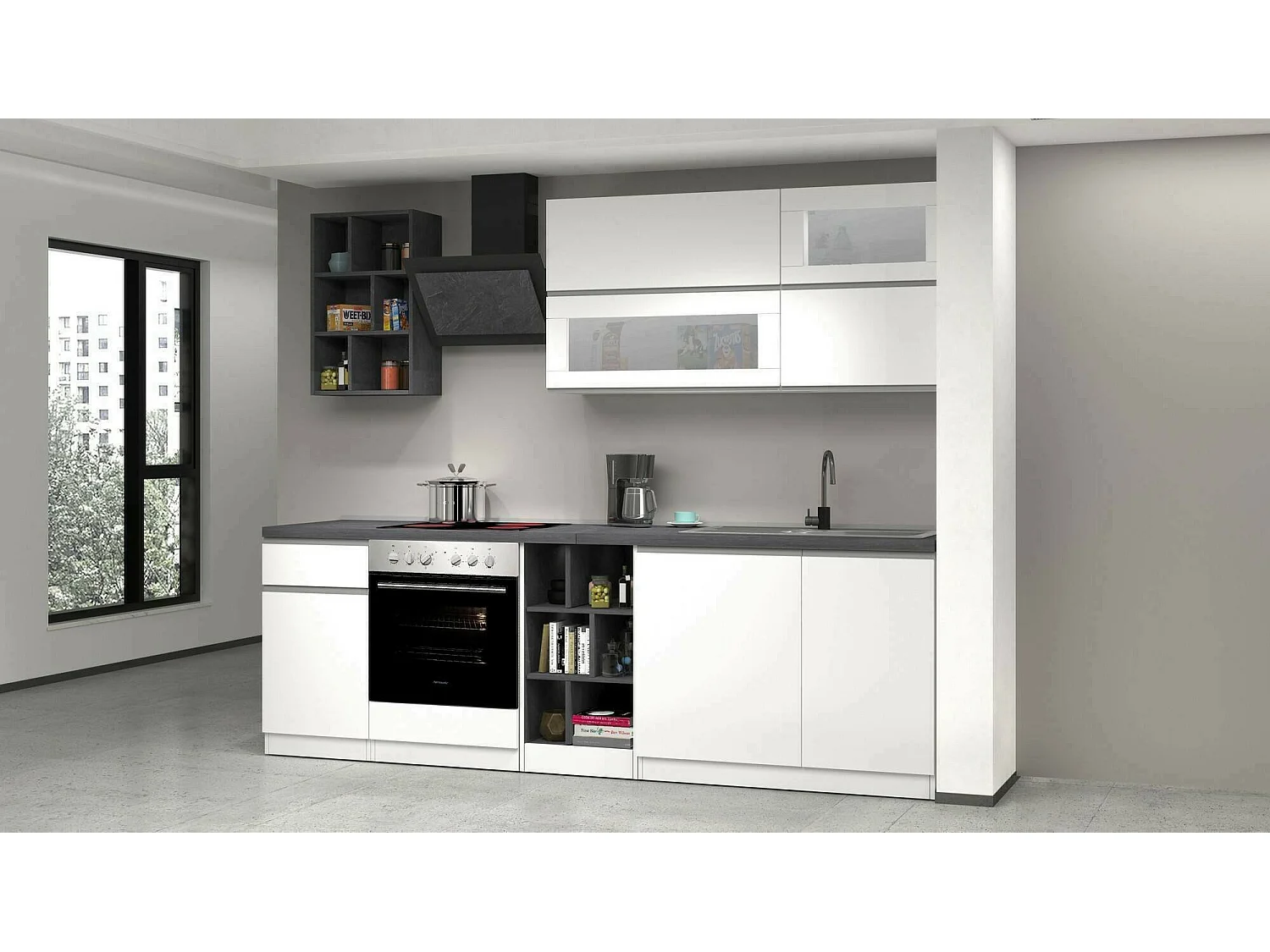 Cocina completa Dcastill, Set con despensa, Mueble cocina, Kit bloque lineal, 100% Made in Italy, 255x60h85 cm, Blanco brillo y pizarra