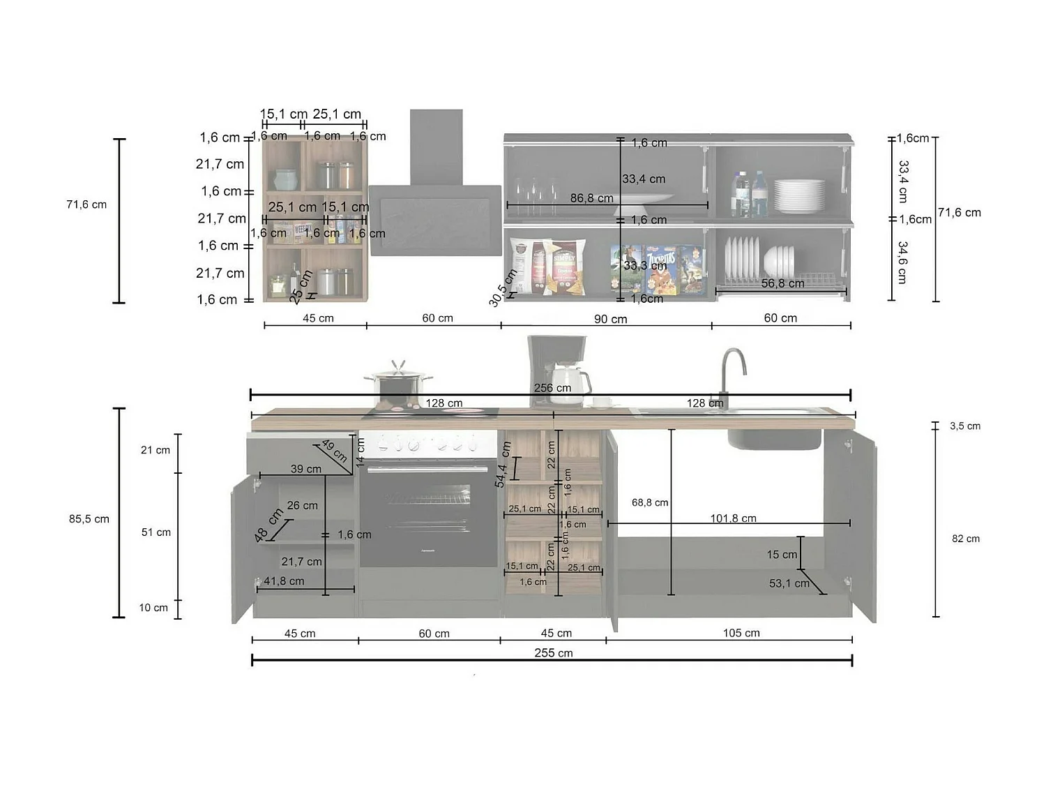 Cuisine complète Dcastill, Ensemble avec garde-manger, Meuble de kitchenette, Kit bloc linéaire, 100% Made in Italy, 255x60h85 cm, Blanc brillant et ardoise