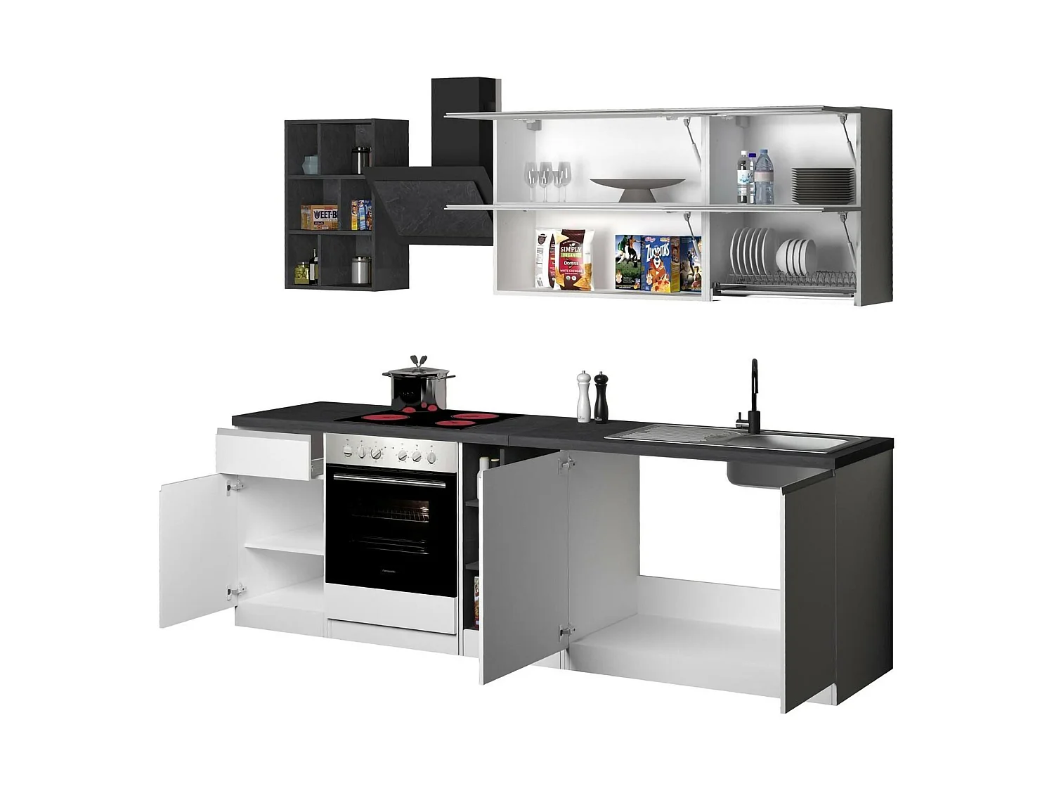 Cuisine Fonti, 13 étagères, fabriquée en Italie, blanc brillant, coin cuisine, modulable, un tiroir, Électroménagers non inclus