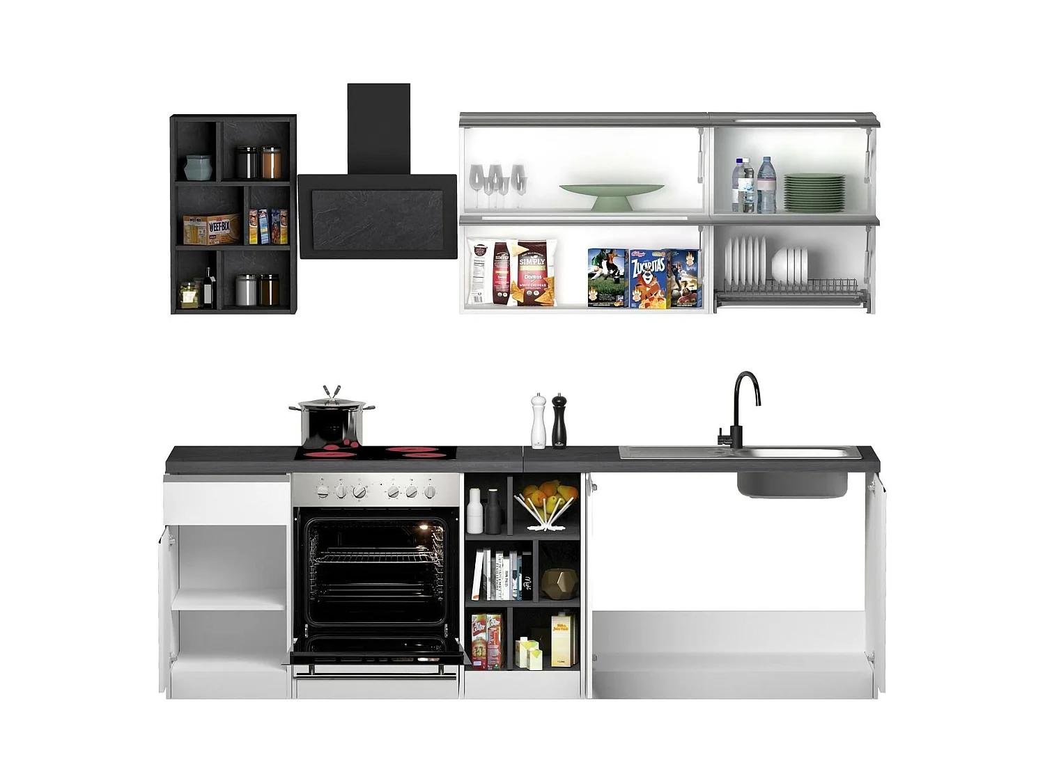 Cuisine Fonti, 13 étagères, fabriquée en Italie, blanc brillant, coin cuisine, modulable, un tiroir, Électroménagers non inclus