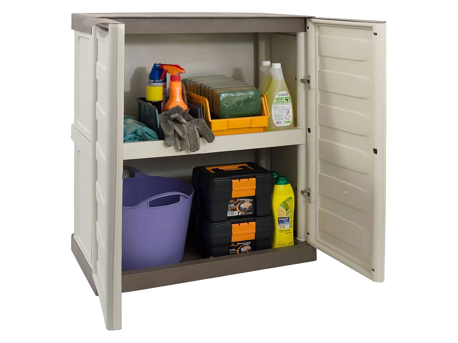 Armoire d'extérieur Courtrai, Armoire de balcon polyvalente, Mobilier d'extérieur avec 2 portes, 100% Made in Italy, Beige et Marron, 70x39h86 cm, Finition rayée