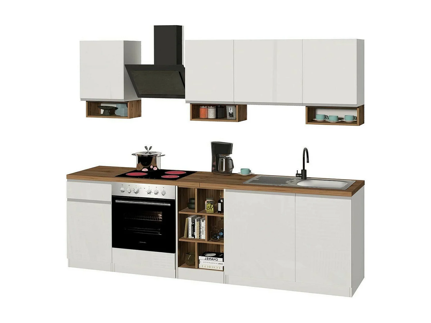Dcelient complete keuken, Set met bijkeuken, Keukenkast, Lineaire blokkit, 100% Made in Italy, 255x60h85 cm, Glanzend wit en eiken