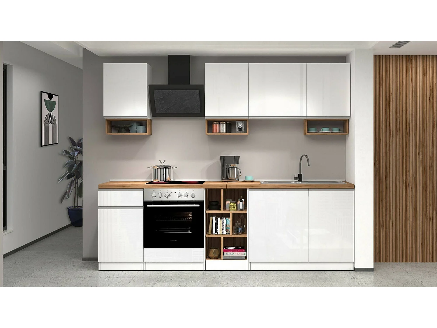 Dcelient complete keuken, Set met bijkeuken, Keukenkast, Lineaire blokkit, 100% Made in Italy, 255x60h85 cm, Glanzend wit en eiken