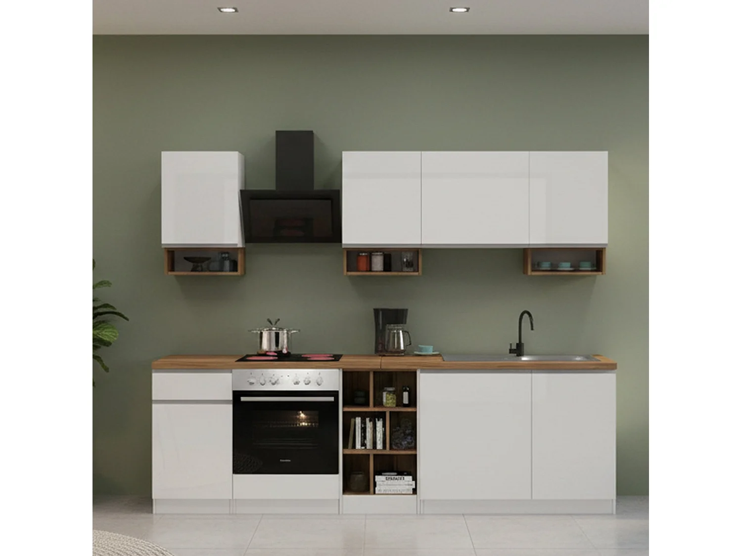 Cuisine complète Dcelient, Ensemble avec garde-manger, Meuble de kitchenette, Kit bloc linéaire, 100% Made in Italy, 255x60h85 cm, Blanc brillant et chêne