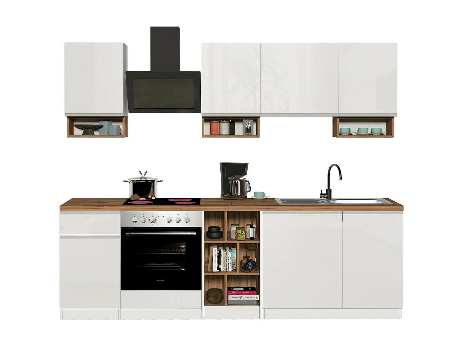 Cuisine complète Dcelient, Ensemble avec garde-manger, Meuble de kitchenette, Kit bloc linéaire, 100% Made in Italy, 255x60h85 cm, Blanc brillant et chêne