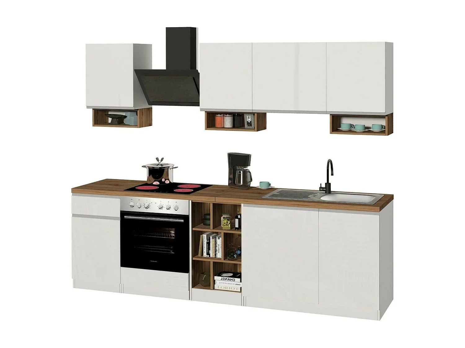 Cuisine Attimis, 19 étagères fabriquées en Italie, blanc laqué, kitchenette, modulable, un tiroir