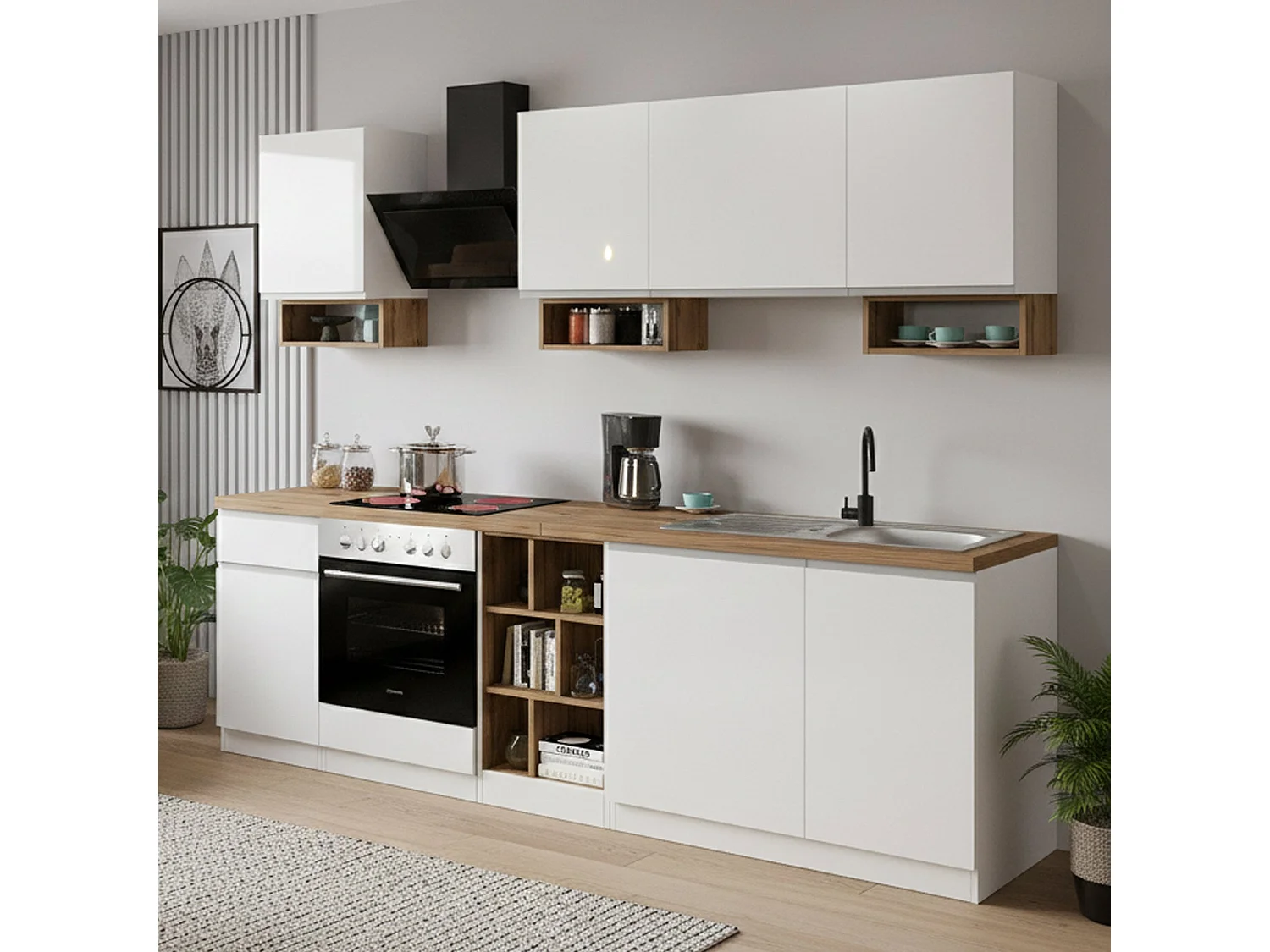Cuisine Attimis, 19 étagères fabriquées en Italie, blanc laqué, kitchenette, modulable, un tiroir