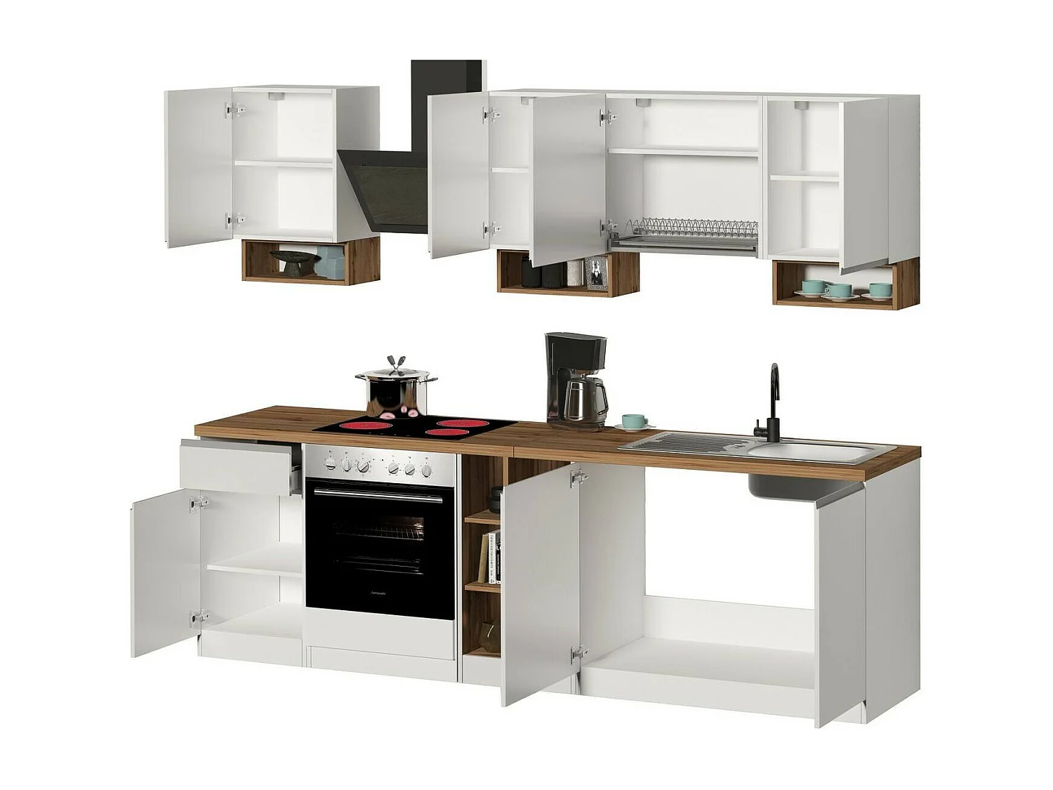 Cuisine Attimis, 19 étagères fabriquées en Italie, blanc laqué, kitchenette, modulable, un tiroir