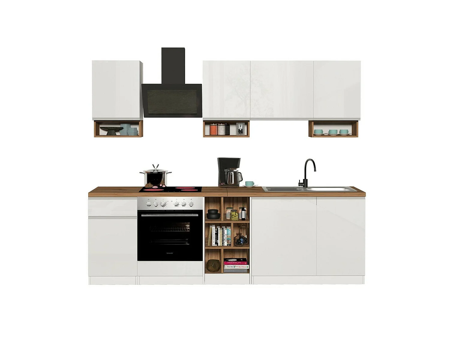 Cuisine Attimis, 19 étagères fabriquées en Italie, blanc laqué, kitchenette, modulable, un tiroir, Électroménagers non inclus