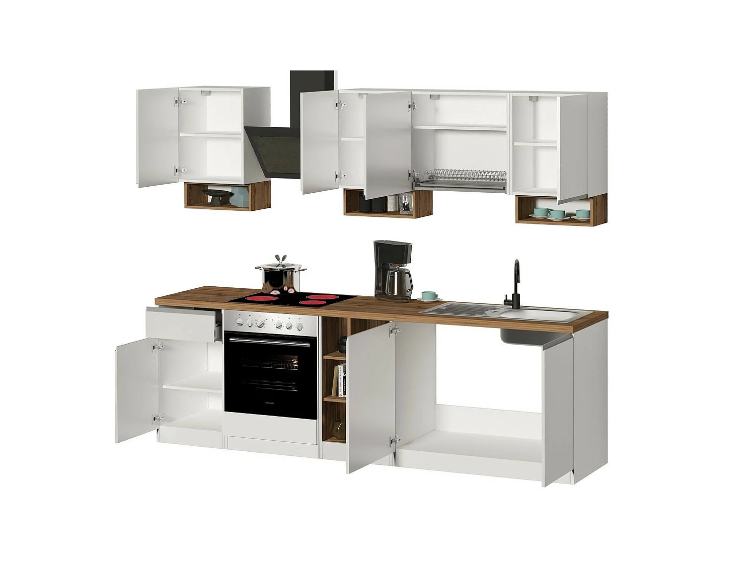 Cuisine Attimis, 19 étagères fabriquées en Italie, blanc laqué, kitchenette, modulable, un tiroir, Électroménagers non inclus