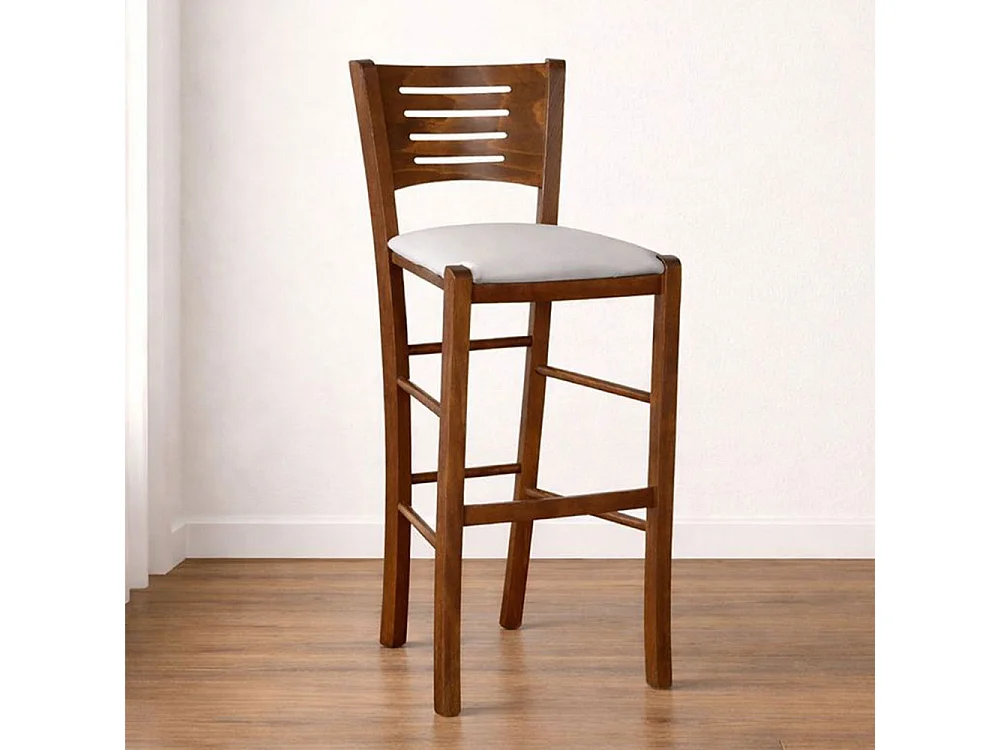 Verona kruk in donker walnoothout, hoogte 73 cm, met lichtgrijze gewatteerde zitting.