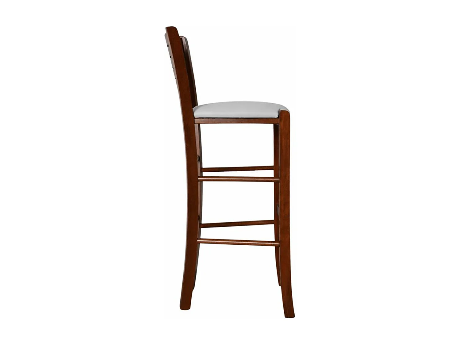 Verona kruk in donker walnoothout, hoogte 73 cm, met lichtgrijze gewatteerde zitting.