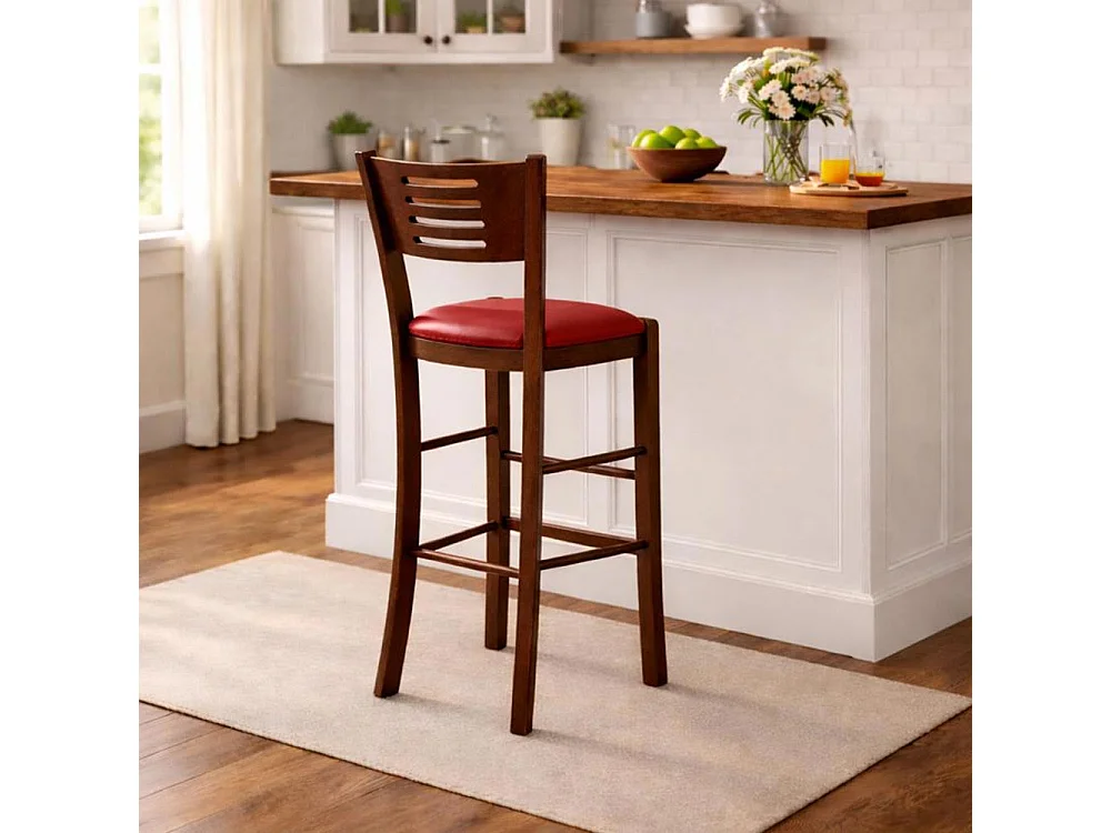 Verona kruk in donker walnoothout, hoogte 73 cm, met rode gewatteerde zitting.