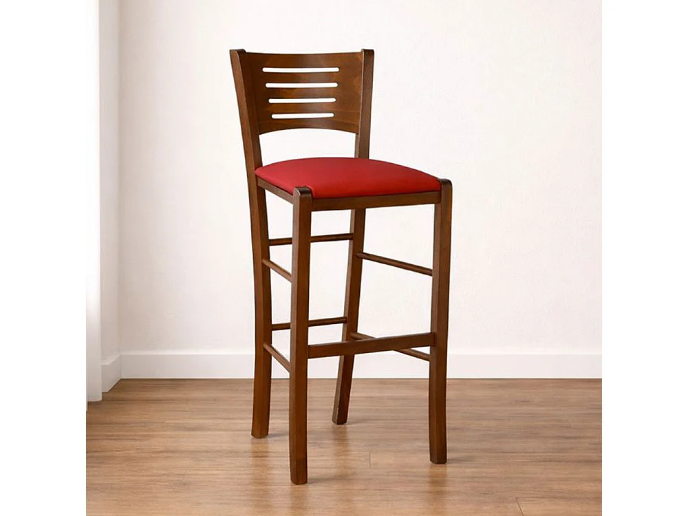 Verona kruk in donker walnoothout, hoogte 73 cm, met rode gewatteerde zitting.