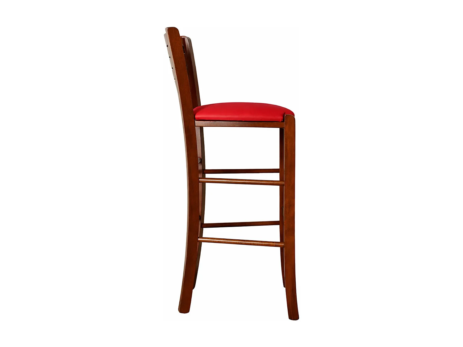 Verona kruk in donker walnoothout, hoogte 73 cm, met rode gewatteerde zitting.